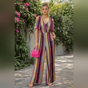Vintage Nexus Metallic Striped Jumpsuit Size XL Wide Leg Colorful EUC